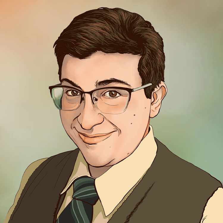 A portrait of Dash Buck wearing a vest, tie, black-rimmed glasses, and with their short brown hair combed smooth.